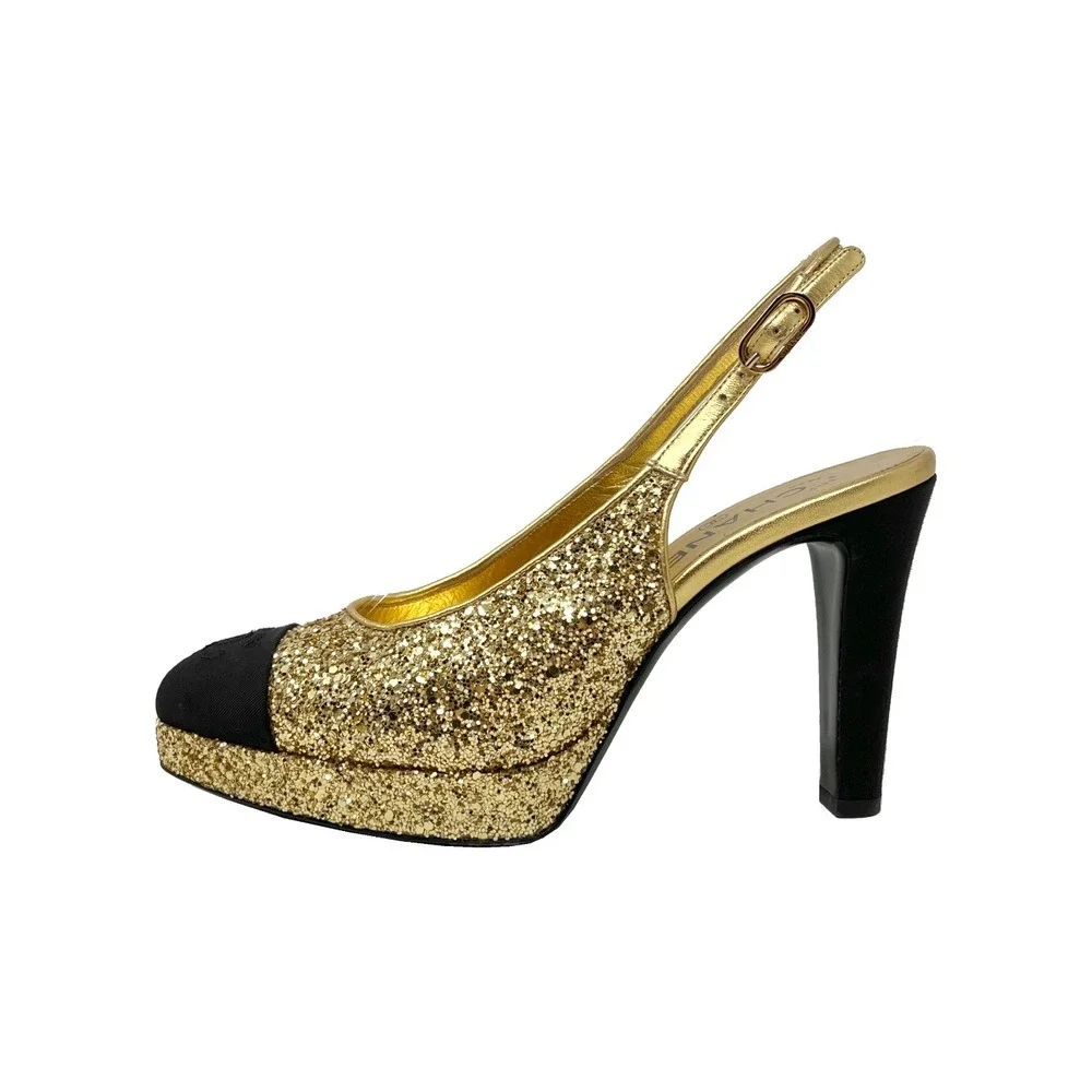 Chanel Gold Glitter Cap Toe Slingback Heels‎ Platform 38